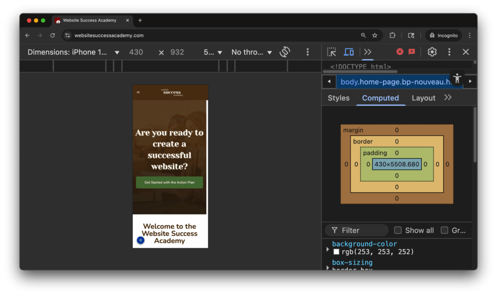Screenshot of Chrome Developer Tools looking at the mobile version of websitesuccessacademy.com