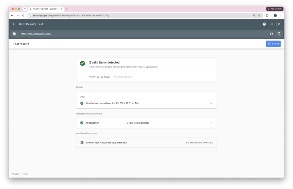 Google Rich Results Test showing schema markup (structured data) that trigger rich results for cmautorepairs.com