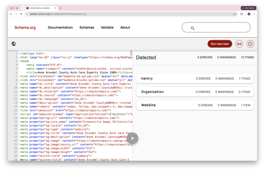 The Schema.org Validator showing schema markup for cmautorepairs.com