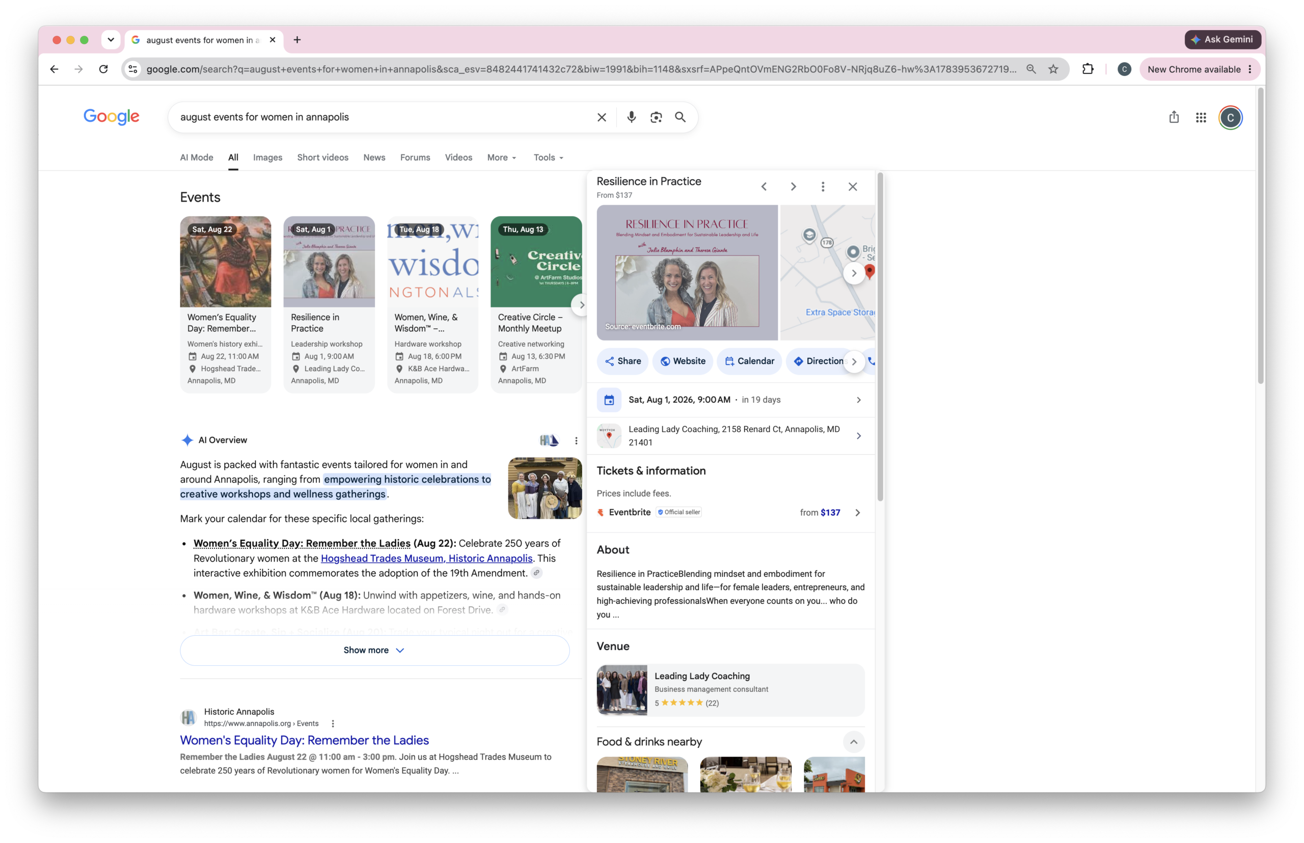 Google results for "august events for women in annapolis" showing the rich events results