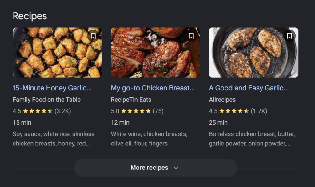 Screenshot showing Google's rich recipe results for the search "quick chicken recipes"
